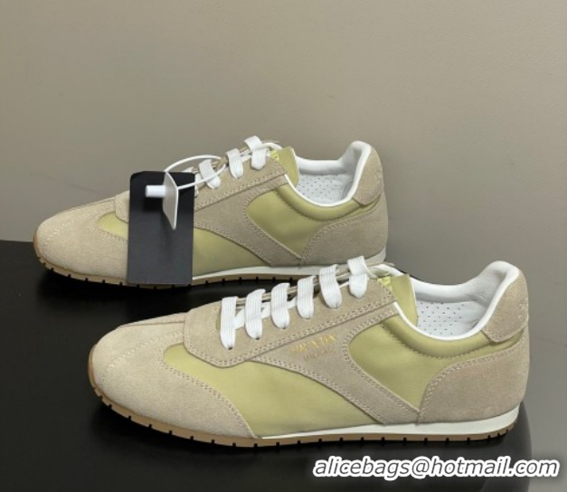 Best Price Prada Re-Nylon and suede laced sneakers Beige/Green 1E152O 60228075