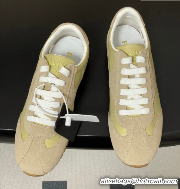 Best Price Prada Re-Nylon and suede laced sneakers Beige/Green 1E152O 60228075
