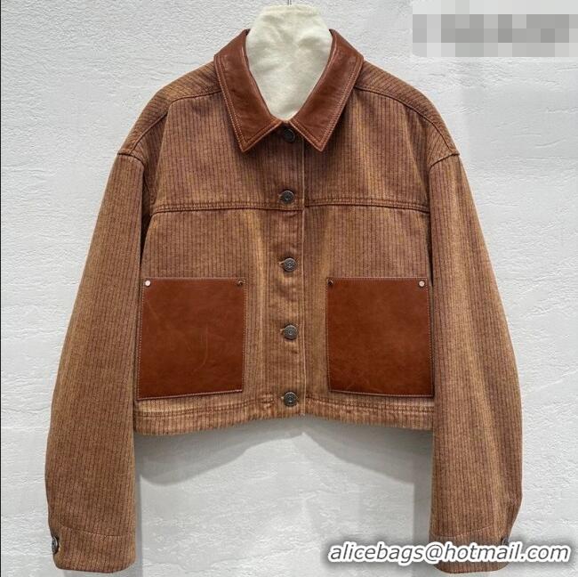 Best Quality Prada Denim and Lambskin Leather Jacket PR020681 Brown 2026