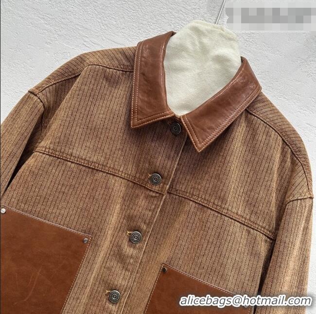 Best Quality Prada Denim and Lambskin Leather Jacket PR020681 Brown 2026