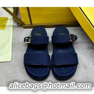 Stylish Fendi Feel Flat Slides Sandal in Navy Blue Denim FE030201 0302002