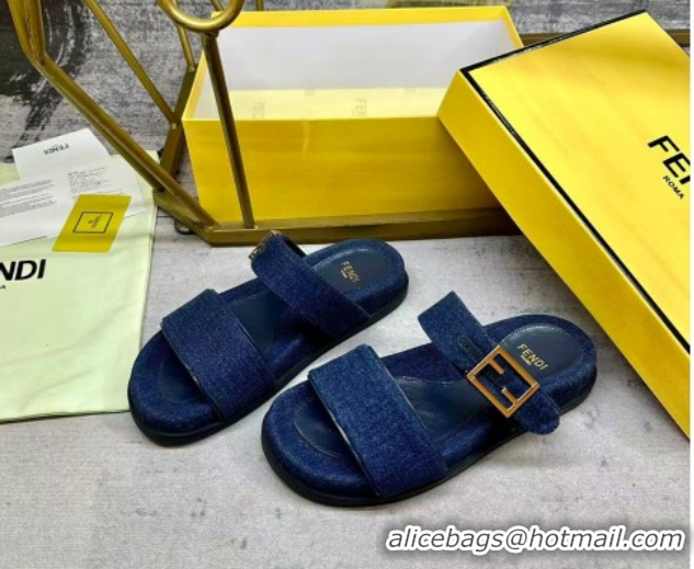 Stylish Fendi Feel Flat Slides Sandal in Navy Blue Denim FE030201 0302002