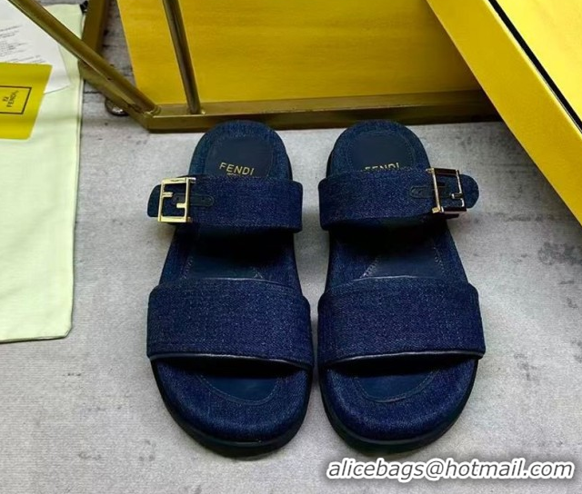 Stylish Fendi Feel Flat Slides Sandal in Navy Blue Denim FE030201 0302002