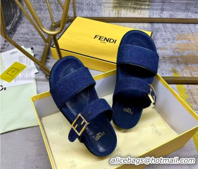Stylish Fendi Feel Flat Slides Sandal in Navy Blue Denim FE030201 0302002