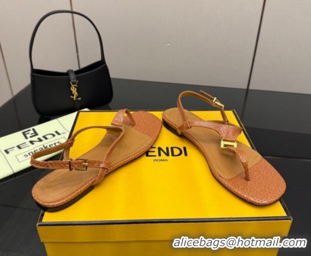 Sumptuous Fendi Delfina Flat Thong Sandals in Embossed Leather FE030201 Light Brown 2026