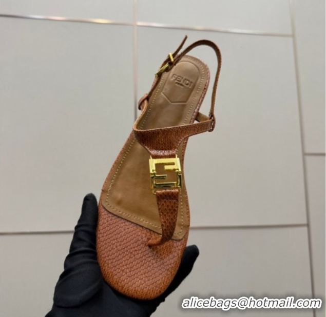 Sumptuous Fendi Delfina Flat Thong Sandals in Embossed Leather FE030201 Light Brown 2026