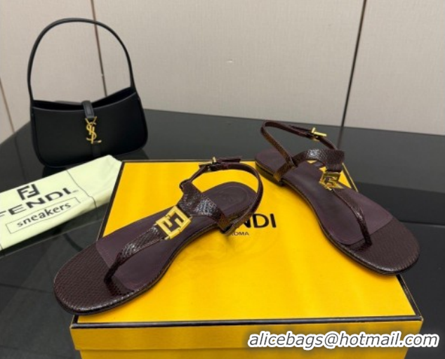 Purchase Fendi Delfina Flat Thong Sandals in Embossed Leather FE030201 Dark Brown 2026