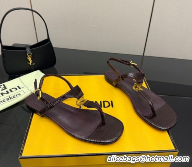 Purchase Fendi Delfina Flat Thong Sandals in Embossed Leather FE030201 Dark Brown 2026