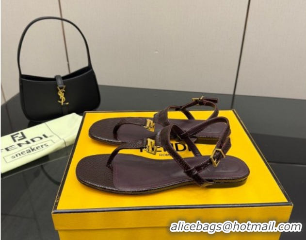Purchase Fendi Delfina Flat Thong Sandals in Embossed Leather FE030201 Dark Brown 2026