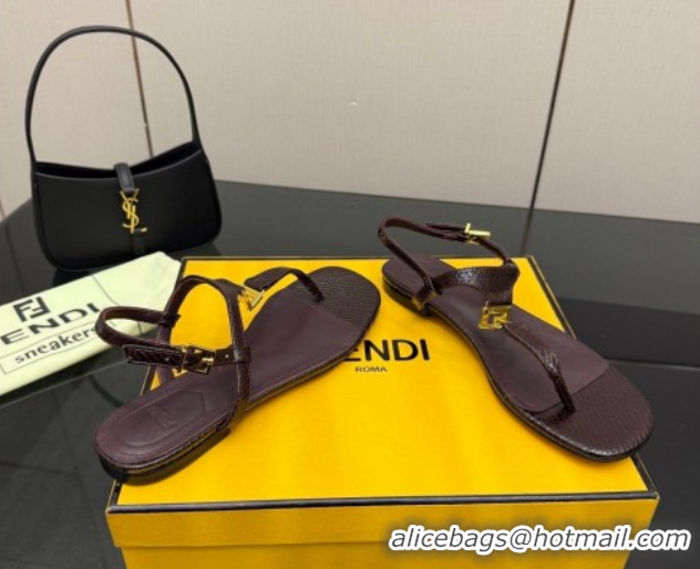 Purchase Fendi Delfina Flat Thong Sandals in Embossed Leather FE030201 Dark Brown 2026
