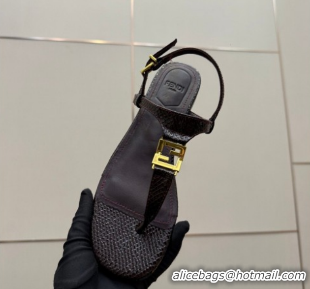 Purchase Fendi Delfina Flat Thong Sandals in Embossed Leather FE030201 Dark Brown 2026