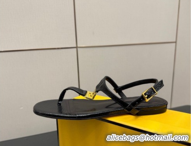 Perfect Fendi Delfina Flat Thong Sandals in Embossed Leather FE030201 Black 2026