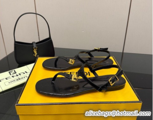 Perfect Fendi Delfina Flat Thong Sandals in Embossed Leather FE030201 Black 2026