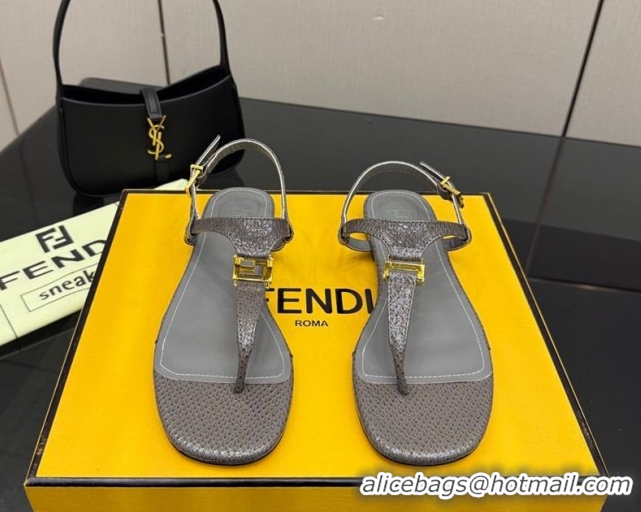 Pretty Style Fendi Delfina Flat Thong Sandals in Embossed Leather FE030201 Grey 2026