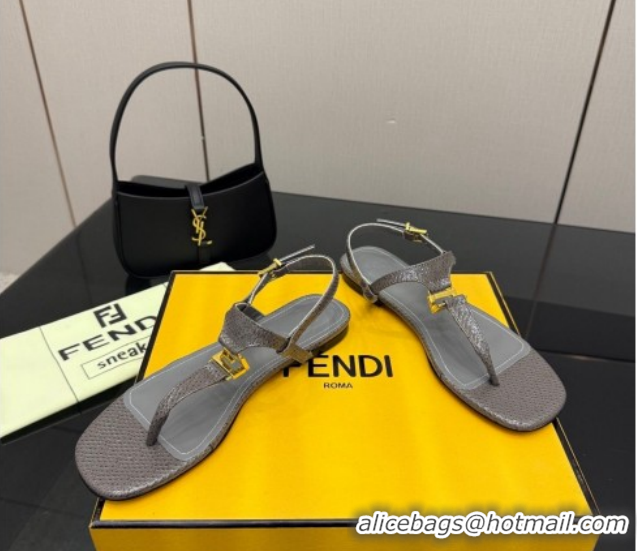 Pretty Style Fendi Delfina Flat Thong Sandals in Embossed Leather FE030201 Grey 2026
