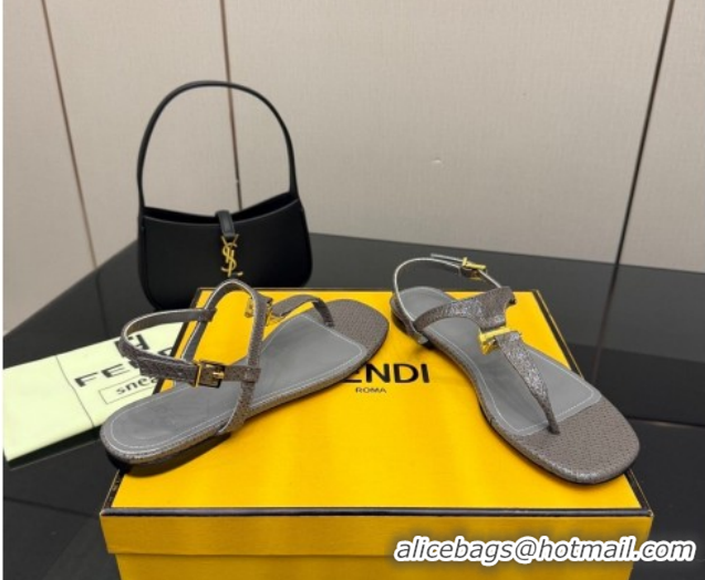 Pretty Style Fendi Delfina Flat Thong Sandals in Embossed Leather FE030201 Grey 2026