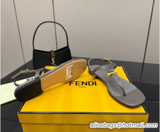 Pretty Style Fendi Delfina Flat Thong Sandals in Embossed Leather FE030201 Grey 2026