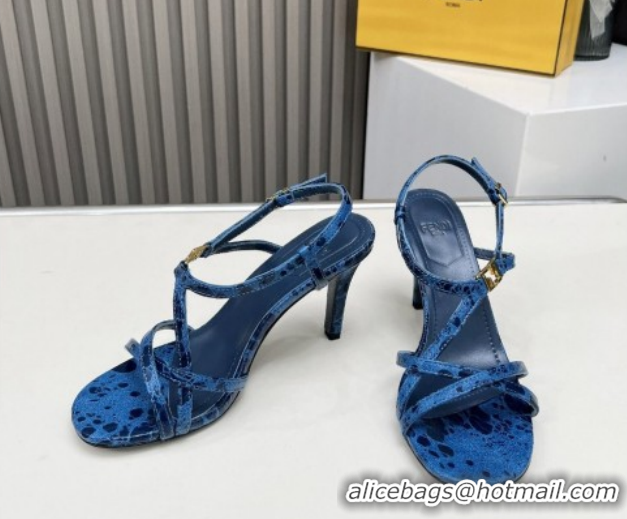 Good Quality Fendi FFold Heel Sandals 8.5cm in Printed Leather FE030203 Blue 2026
