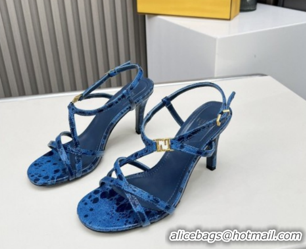 Good Quality Fendi FFold Heel Sandals 8.5cm in Printed Leather FE030203 Blue 2026