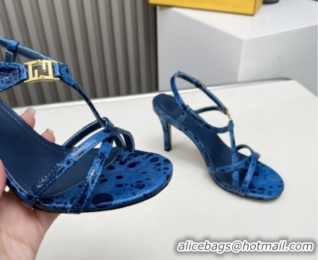 Good Quality Fendi FFold Heel Sandals 8.5cm in Printed Leather FE030203 Blue 2026
