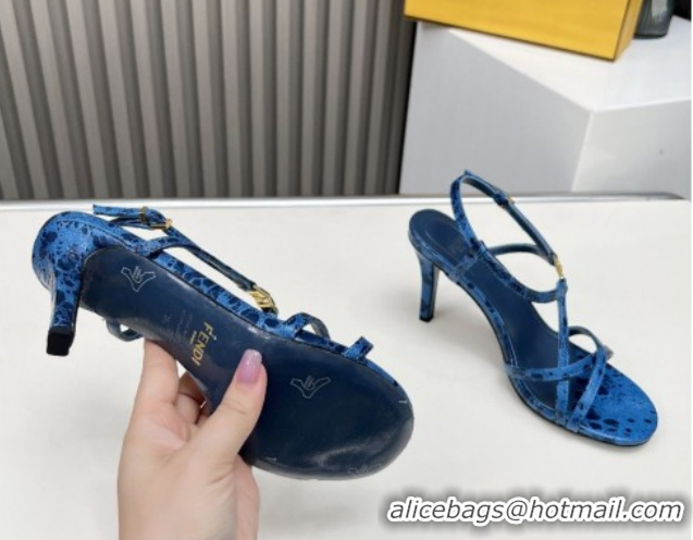 Good Quality Fendi FFold Heel Sandals 8.5cm in Printed Leather FE030203 Blue 2026