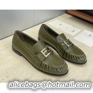 Pretty Style Fendi Baguette Flat Loafers in Leather FE121603 Green 2026