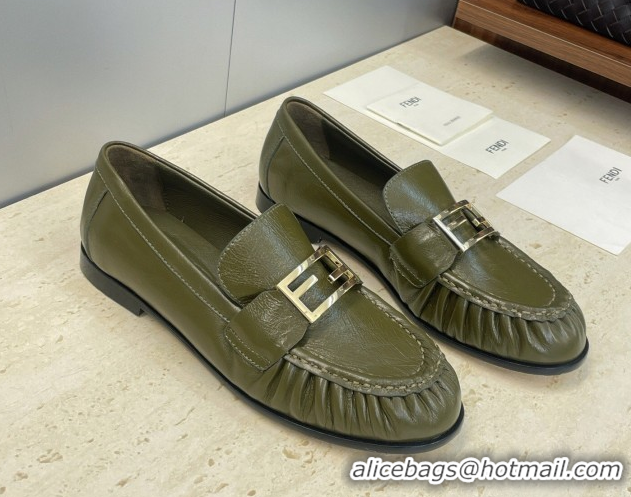 Pretty Style Fendi Baguette Flat Loafers in Leather FE121603 Green 2026
