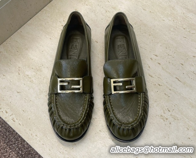 Pretty Style Fendi Baguette Flat Loafers in Leather FE121603 Green 2026