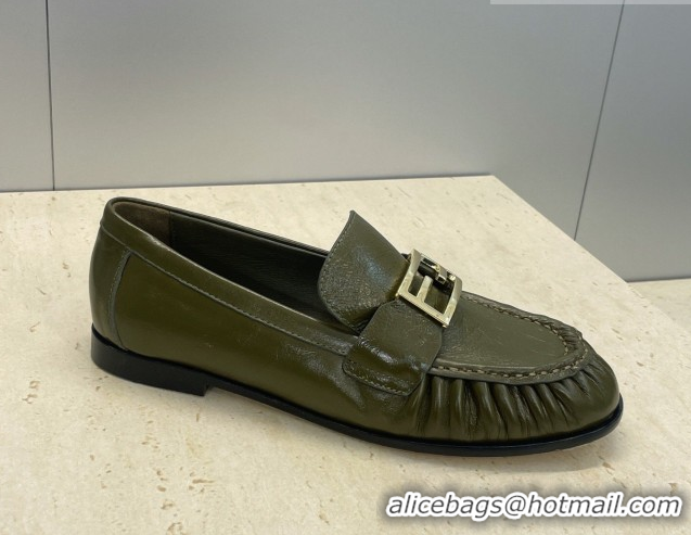 Pretty Style Fendi Baguette Flat Loafers in Leather FE121603 Green 2026