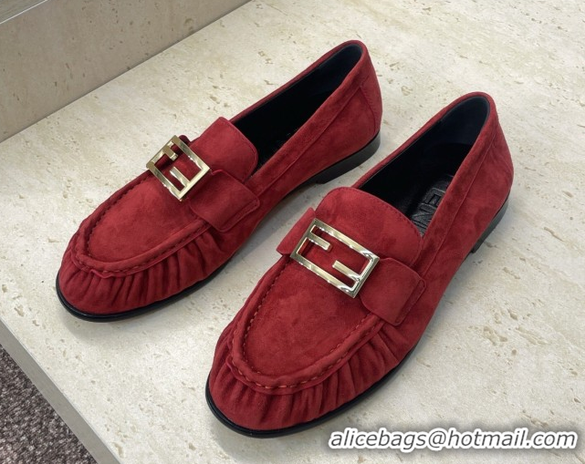 Best Price Fendi Baguette Flat Loafers in Leather FE121603 Suede Red 2026