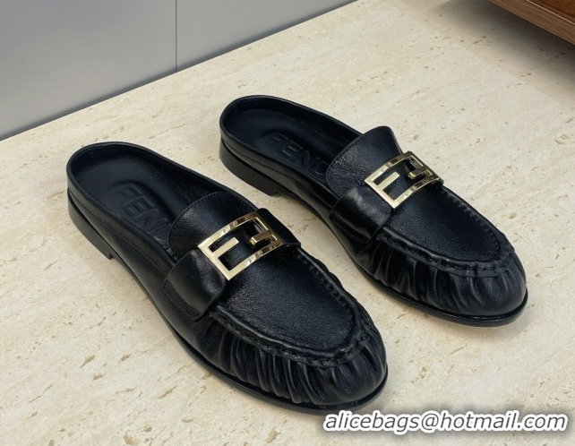 Good Quality Fendi Baguette Flat Loafer Mules in Leather FE121603 Black 2026