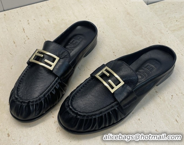 Good Quality Fendi Baguette Flat Loafer Mules in Leather FE121603 Black 2026