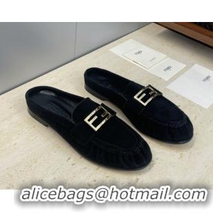 Unique Style Fendi Baguette Flat Loafer Mules in FE121603 Suede Black 2026