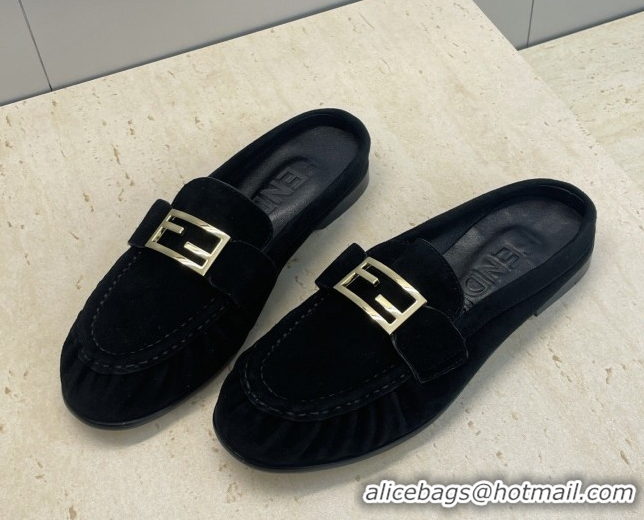 Unique Style Fendi Baguette Flat Loafer Mules in FE121603 Suede Black 2026