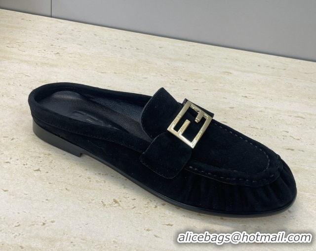 Unique Style Fendi Baguette Flat Loafer Mules in FE121603 Suede Black 2026