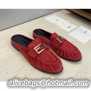 Pretty Style Fendi Baguette Flat Loafer Mules in FE121603 Suede Red 2026