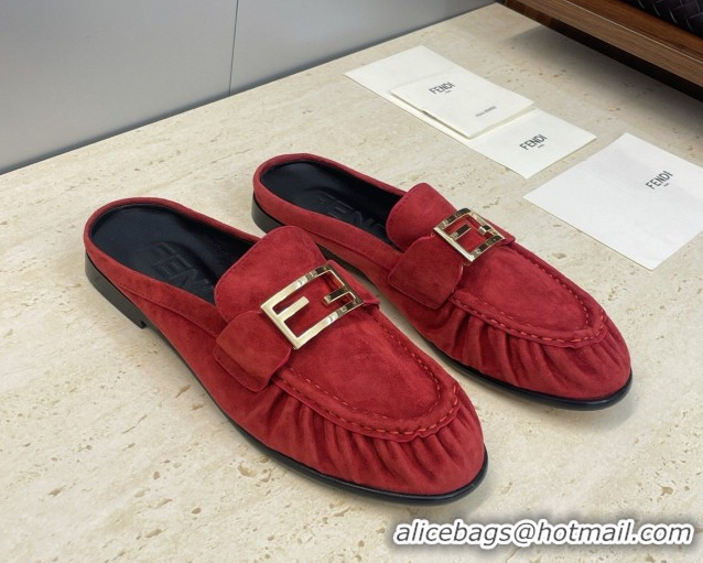Pretty Style Fendi Baguette Flat Loafer Mules in FE121603 Suede Red 2026