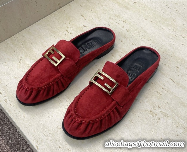 Pretty Style Fendi Baguette Flat Loafer Mules in FE121603 Suede Red 2026