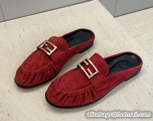 Pretty Style Fendi Baguette Flat Loafer Mules in FE121603 Suede Red 2026