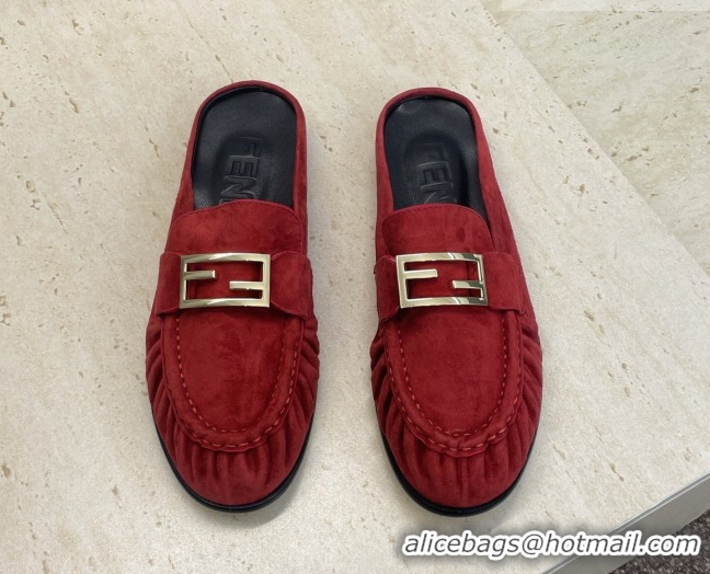 Pretty Style Fendi Baguette Flat Loafer Mules in FE121603 Suede Red 2026
