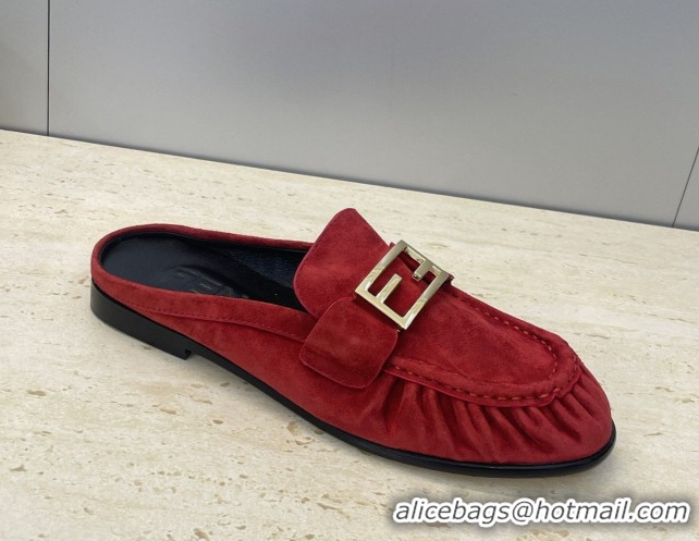 Pretty Style Fendi Baguette Flat Loafer Mules in FE121603 Suede Red 2026