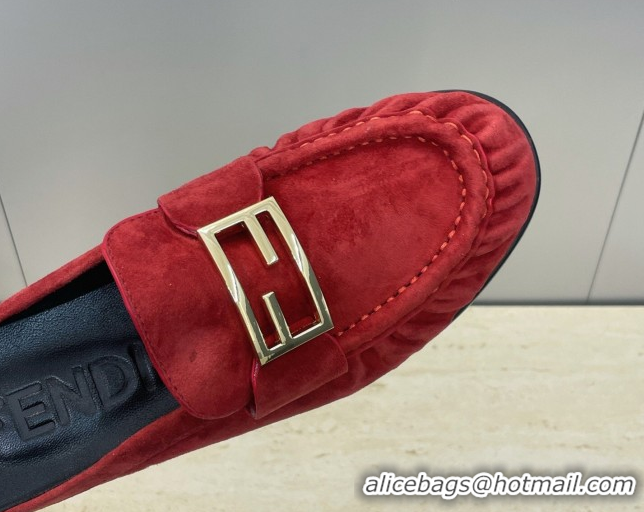 Pretty Style Fendi Baguette Flat Loafer Mules in FE121603 Suede Red 2026