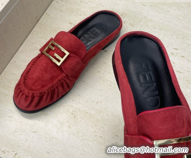 Pretty Style Fendi Baguette Flat Loafer Mules in FE121603 Suede Red 2026