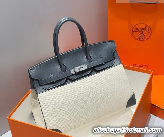 Famous Brand Hermes Birkin 35cm Bag in Canvas and Swift Calfskin Leather H0035 Slate Grey/Silver 2026