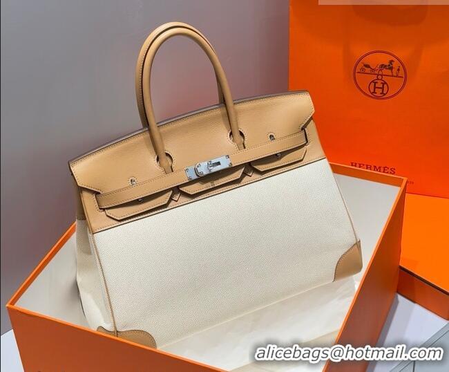 Good Looking Hermes Birkin 35cm Bag in Canvas and Swift Calfskin Leather H0035 Milk Tea 2026