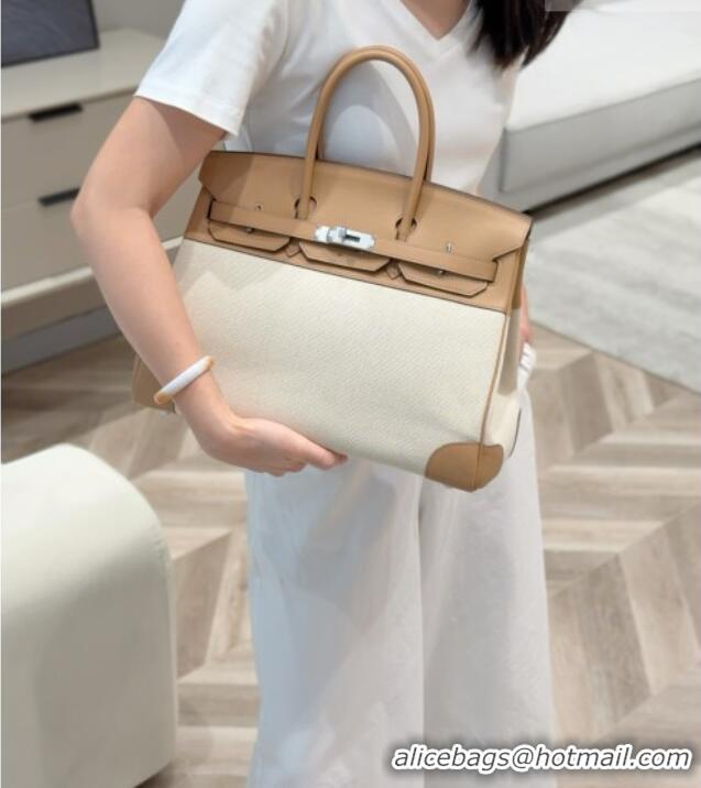 Good Looking Hermes Birkin 35cm Bag in Canvas and Swift Calfskin Leather H0035 Milk Tea 2026