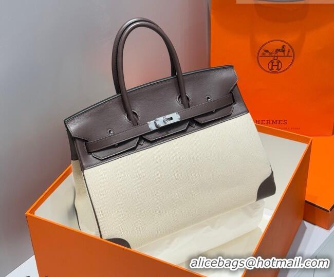 Traditional Discount Hermes Birkin 35cm Bag in Canvas and Swift Calfskin Leather H0035 Ebony 2026