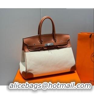 Top Design Hermes Birkin 35cm Bag in Canvas and Swift Calfskin Leather H0035 Brown/Silver 2026