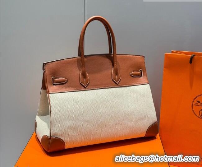 Top Design Hermes Birkin 35cm Bag in Canvas and Swift Calfskin Leather H0035 Brown/Silver 2026