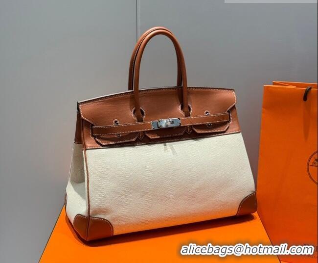 Top Design Hermes Birkin 35cm Bag in Canvas and Swift Calfskin Leather H0035 Brown/Silver 2026